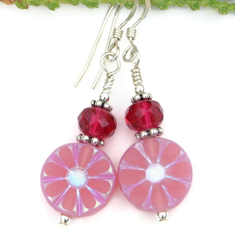 flower floral jewelry pink daisies raspberry glass handmade