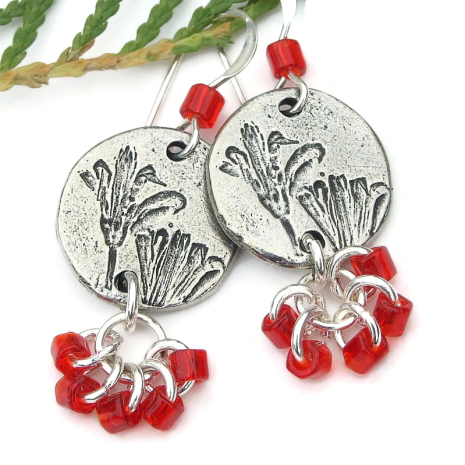 flower flowers lily lilies earrings handmade jewelry red pewter