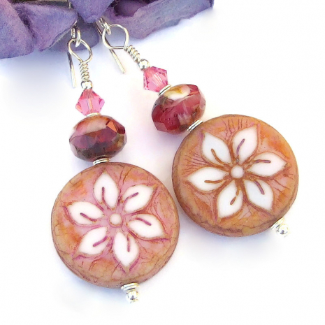 flower hibiscus handmade earrings czech glass swarovski crystals
