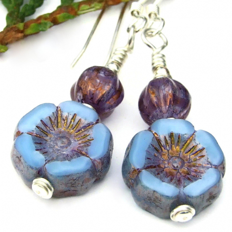 flower jewelry blue purple sterling silver