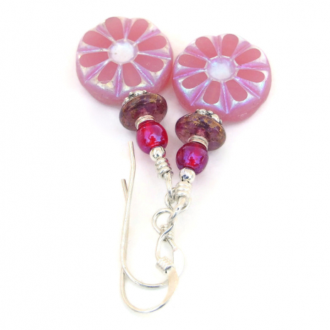 flower jewelry daisy floral pink silver handmade