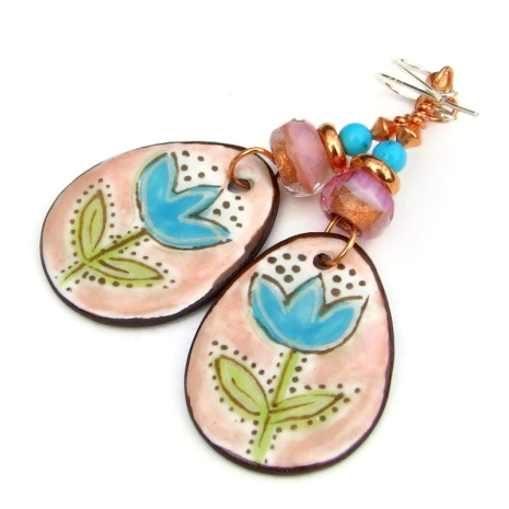 flower jewelry handmade boho earrings blue tulips gift for women