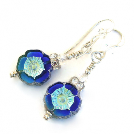 flower jewelry handmade silvered blue gift for women