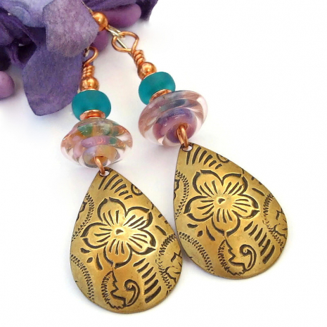 flower jewelry lightweight antiqued brass lampwork gift for her