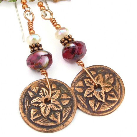 flower leaves boho bohemian earrings raspberry red white handmade jewelry gift