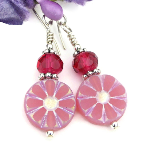 flower lover earrings handmade daisy floral pink raspberry red
