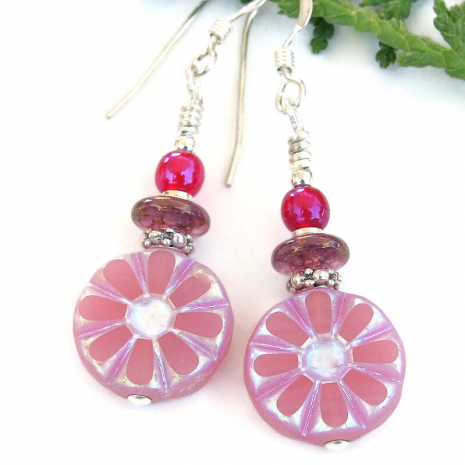 flower lover earrings handmade daisy pink silver purple red
