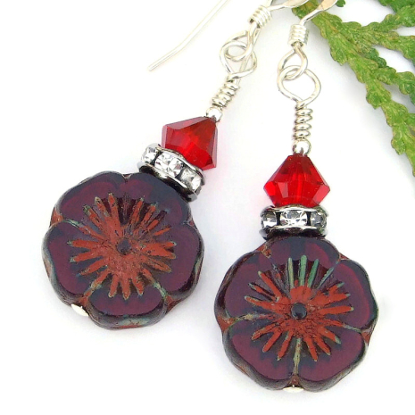 flower lover earrings handmade red pansy hibiscus swarovski crystals