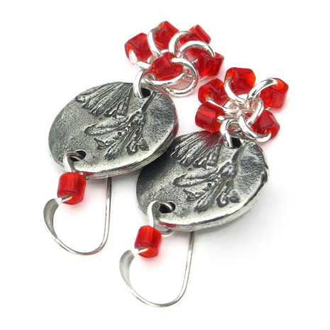 flowers lily handmade earrings pewter red beads flower lover