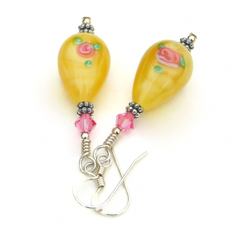 flower pink roses jewelry handmade teardrops yellow