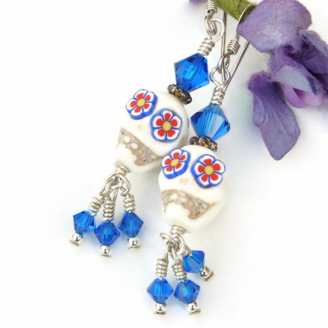 flower skull jewelry halloween day of the dead handmade blue crystals