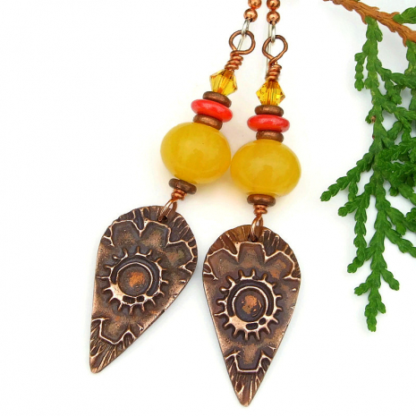 Copper Flower Earrings, Yellow Copal Crystals Orange Handmade Jewelry ...