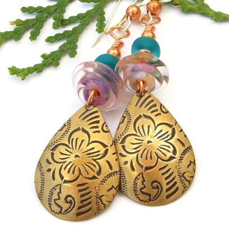 flowers brass teardrop earrings pink purple teal lampwork czech glass