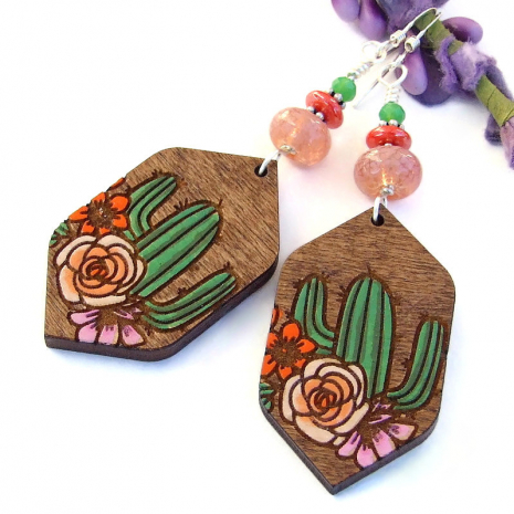 flowers cactus handmade jewelry hand painted lampwork laser etched wood