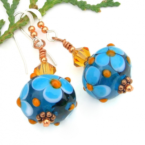 flowers floral lampwork earrings handmade jewelry blue orange swarovski crystals