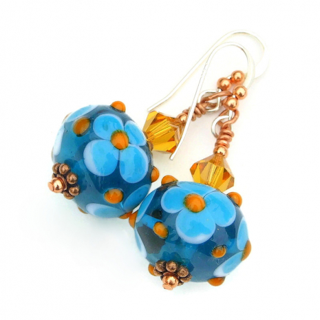 flowers floral lampwork jewelry handmade earrings blue orange swarovski crystals