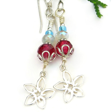flowers floral sterling silver jewelry handmade raspberry red white opal aqua