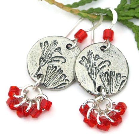flowers lily handmade earrings pewter red beads flower lover