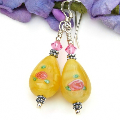 flowers pink roses earrings handmade teardrops yellow