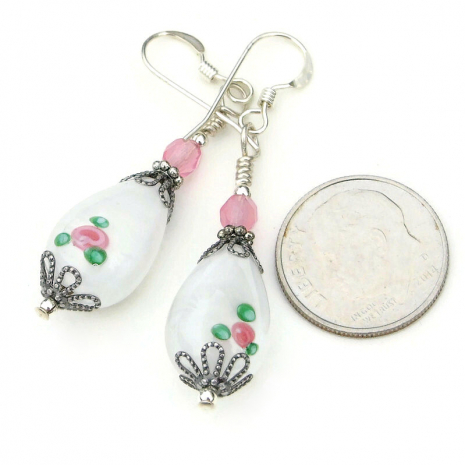 flowers pink roses earrings handmade vintage teardrops white green