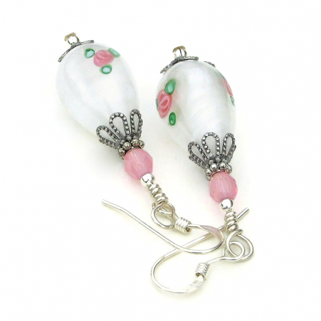 flowers pink roses jewelry handmade vintage teardrops white green