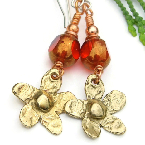 flowers rustic gold bronze floral earrings orange czech glass handmade