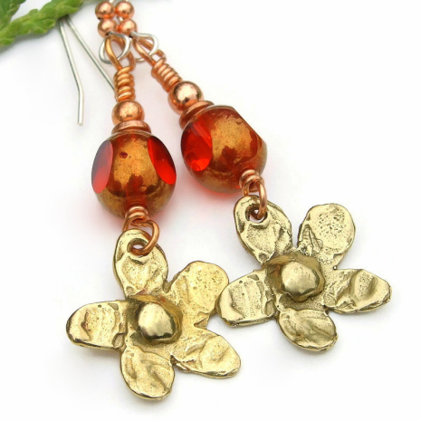 flowers rustic gold bronze floral jewelry orange czech glass handmade