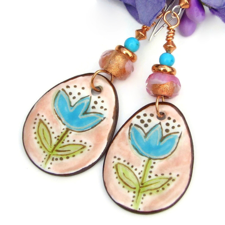 flowers tulips earrings handmade ceramic glass turquoise jewelry