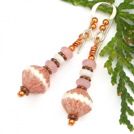 fluted pink white earrings copper sterling silver