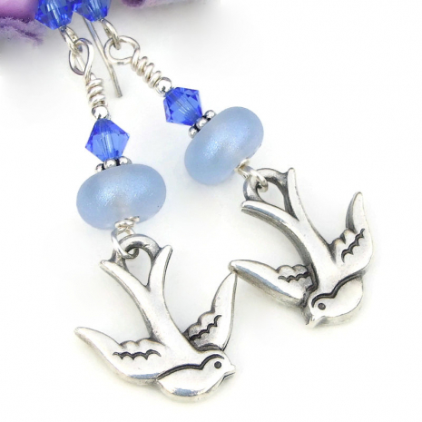 flying swallows handmade jewelry bird lover earrings blue lampwork swarovski
