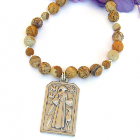 folk art style st francis animals pendant necklace handmade picture jasper
