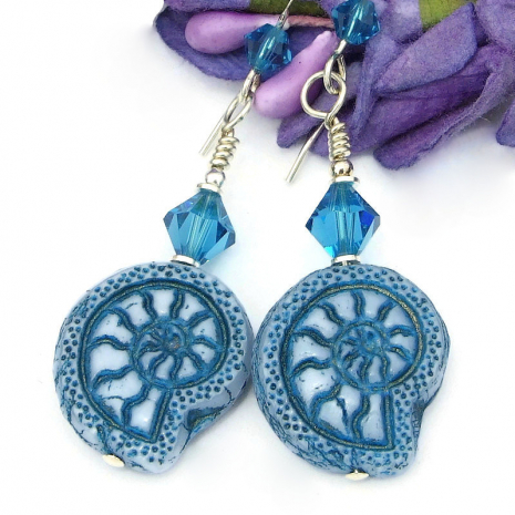 fossil lover handmade earrings glass spiral shell ammonite nautilus jewelry