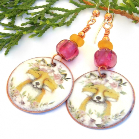 fox earrings handmade flowers pink lampwork amber Czech glass