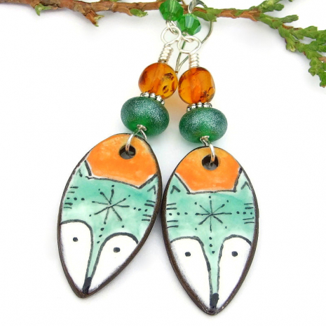 fox face handmade earrings ceramic white green orange lampwork amber
