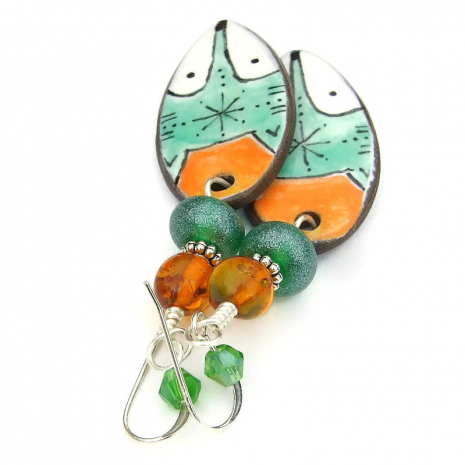 fox face handmade jewelry ceramic white green orange lampwork amber