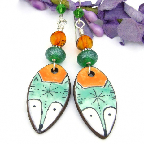 fox face head handmade earrings hand painted white green orange jewelry gift