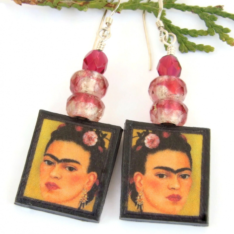 frida kahlo art earrings handmade gift for her