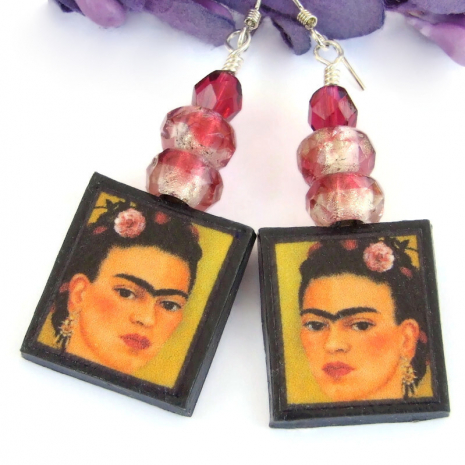 frida kahlo handmade artisan earrings pink black lightweight