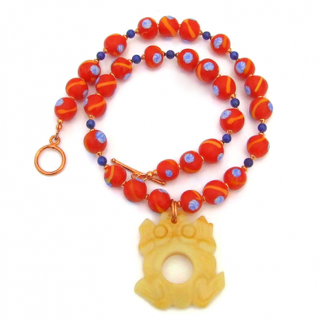 frog pendant jewelry Java red beads handmade gift for women