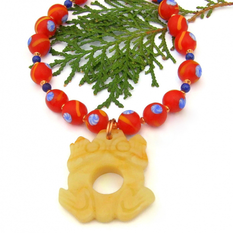frog yellow aventurine handmade necklace java glass beads lapis lazuli