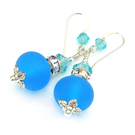 frosted aqua blue sea glass earrings swarovski crystals