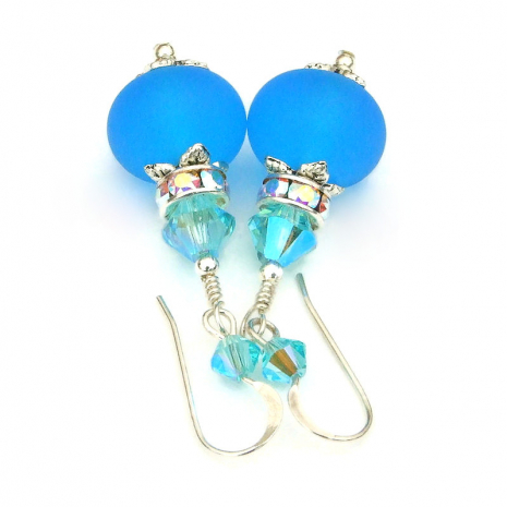 frosted aqua blue sea glass jewelry swarovski crystals