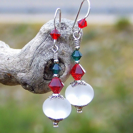 White, red and green Christmas earrings.