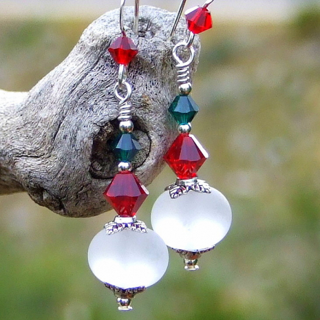 frosted white red green christmas earrings handmade gift for women