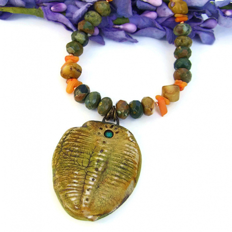 Handmade trilobite necklace jewelry gift.