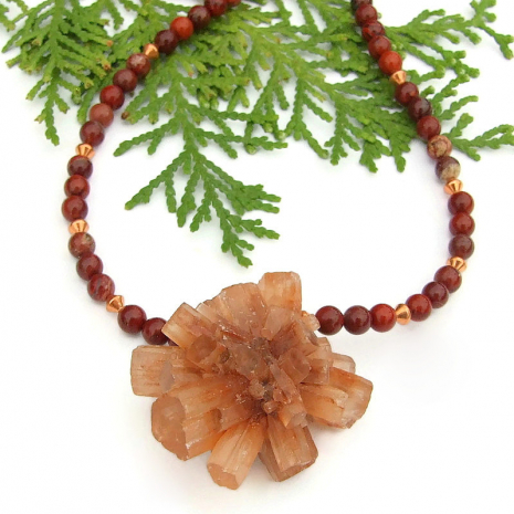 gemstone cluster necklace aragonite star cluster red poppy jasper