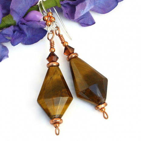 gemstone earrings golden tigers eye copper swarovski crystals