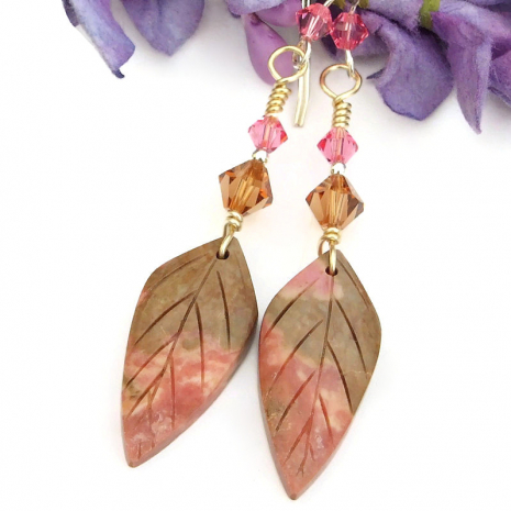 gemstone earrings handmade rhodonite swarovski crystals