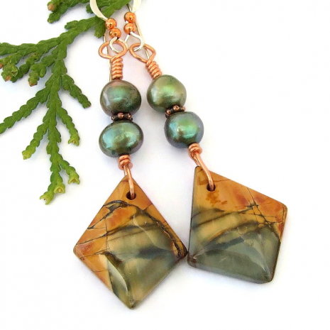 gemstone earrings red creek jasper green pearls handmade jewelry gift