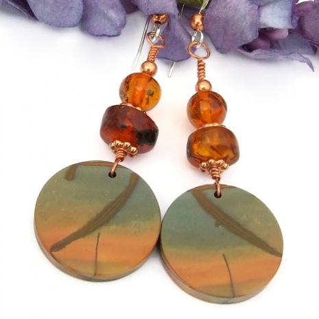 gemstone earrinmgs red creek jasper amber copper